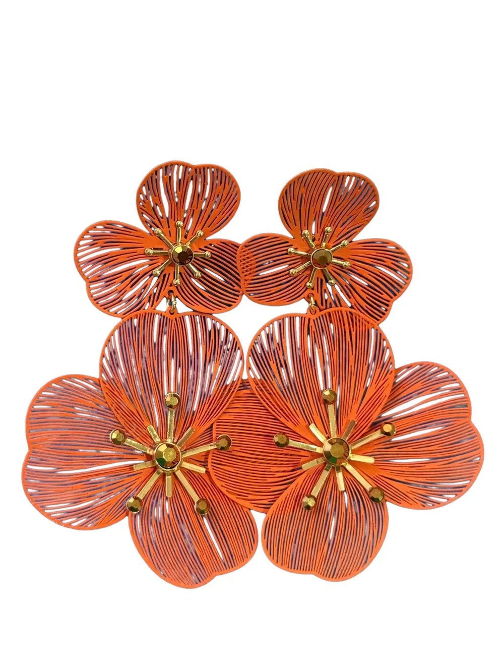 Vera Wang Orange Floral Statement Earrings with Gold Accents